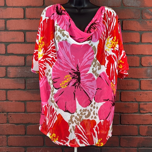 Fashion Bug Woman's Pink Floral Cowl Beach Cover Up‎ Sheer XL Grannycore - Picture 1 of 5